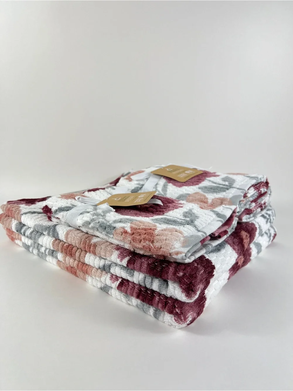 Deborah Connolly Bath Towel Set Burgundy Gray White Floral Extra Soft 6 Pc NEW